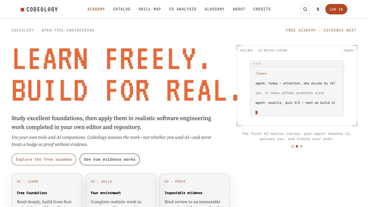 Codeology homepage showing its learn, build, and prove learning model.