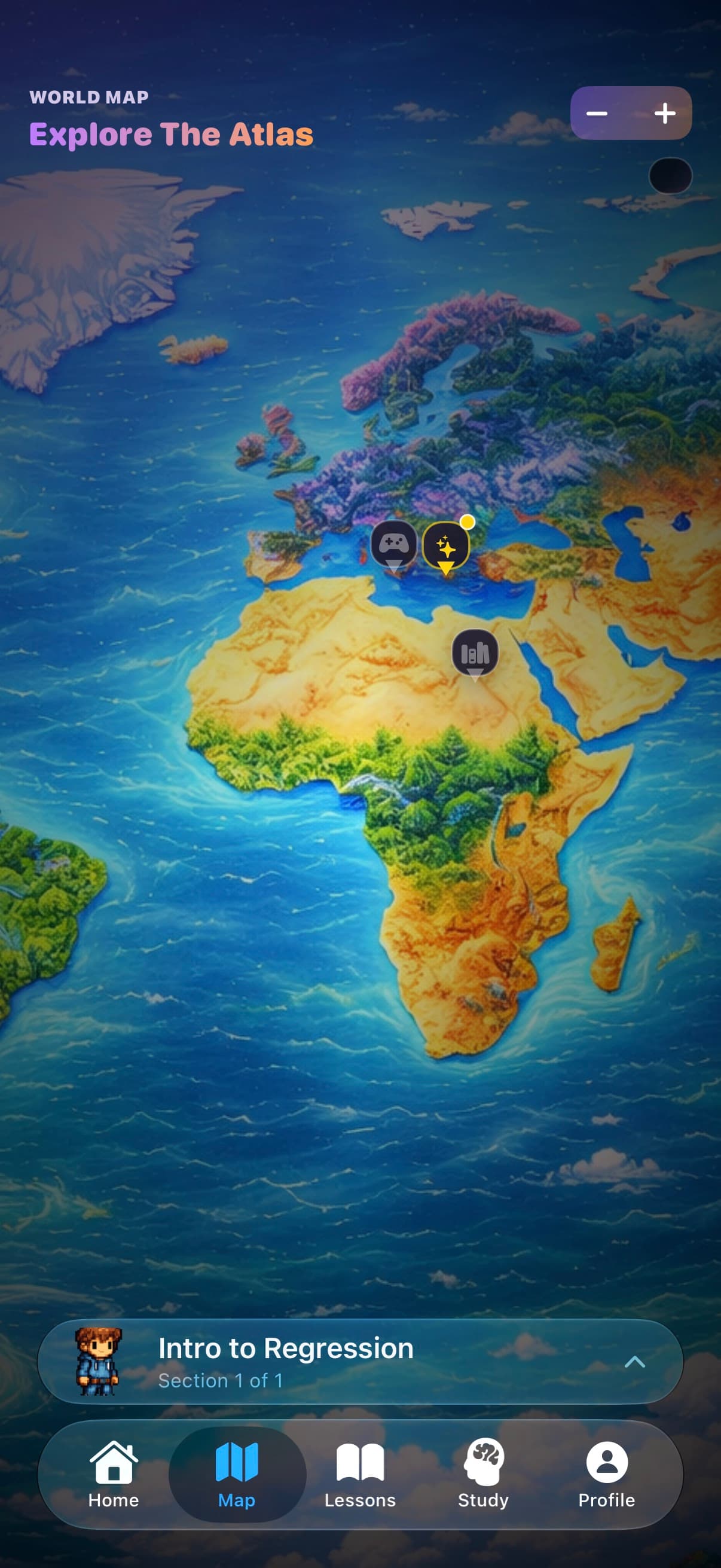 Gradia world map for navigating learning regions.
