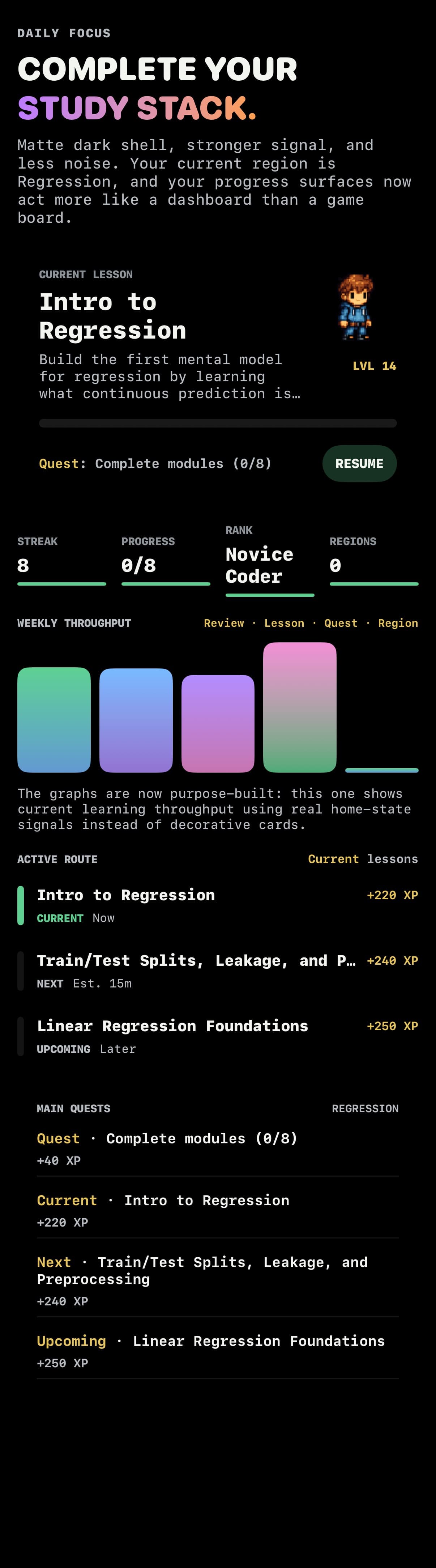 Gradia daily-focus dashboard and current lesson route.