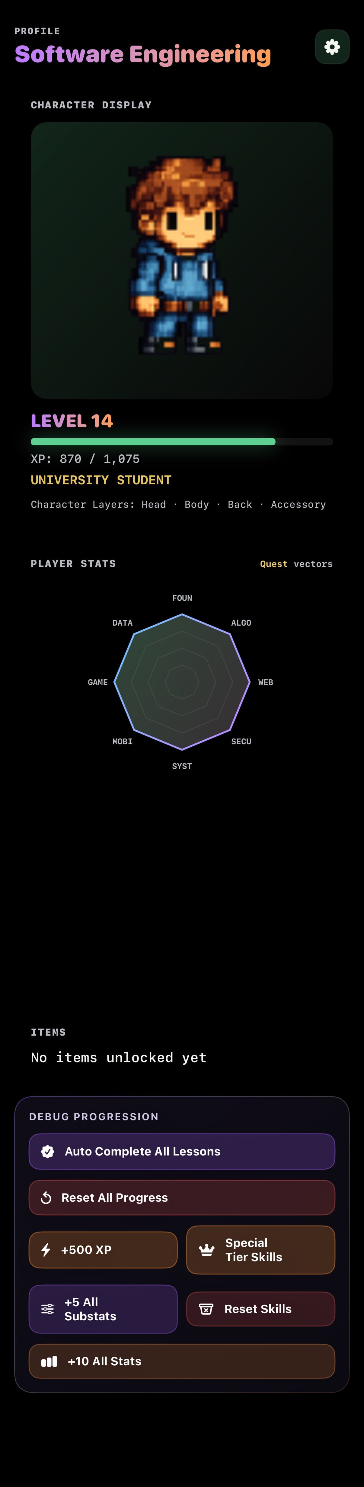 Gradia learner profile with level progress and skill chart.