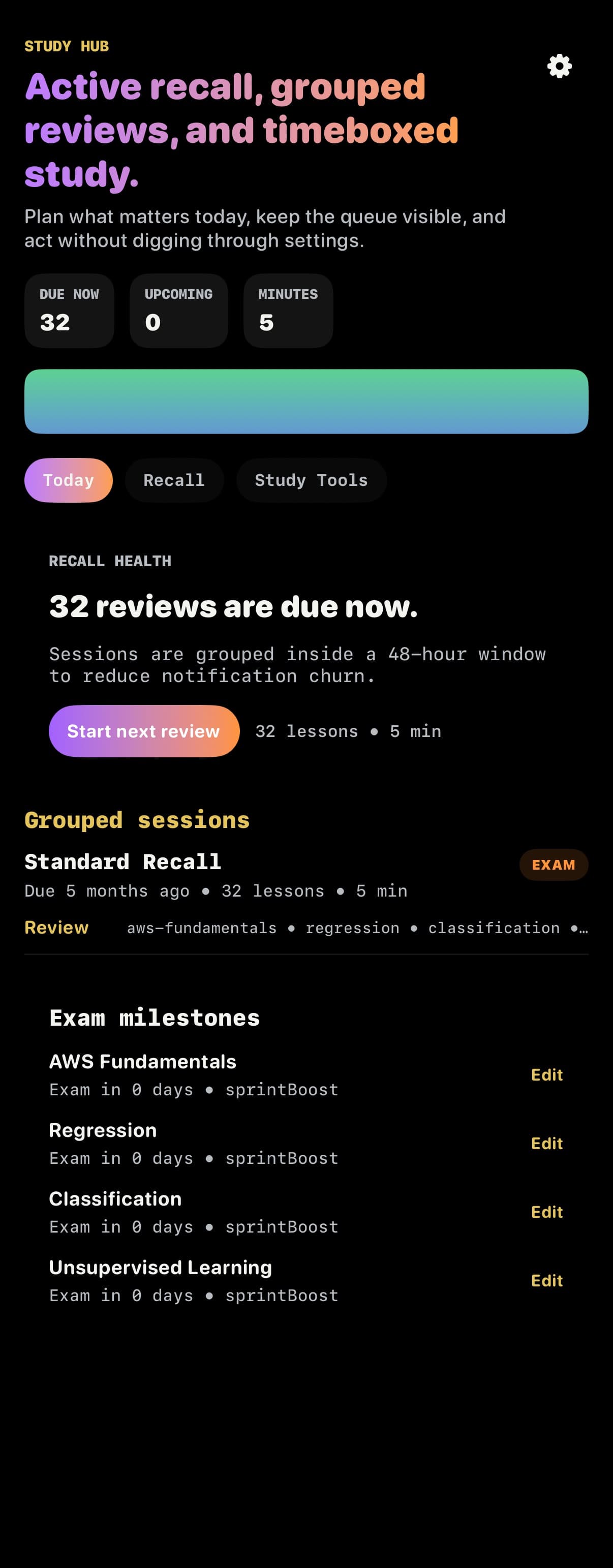 Gradia active-recall study hub with grouped reviews.