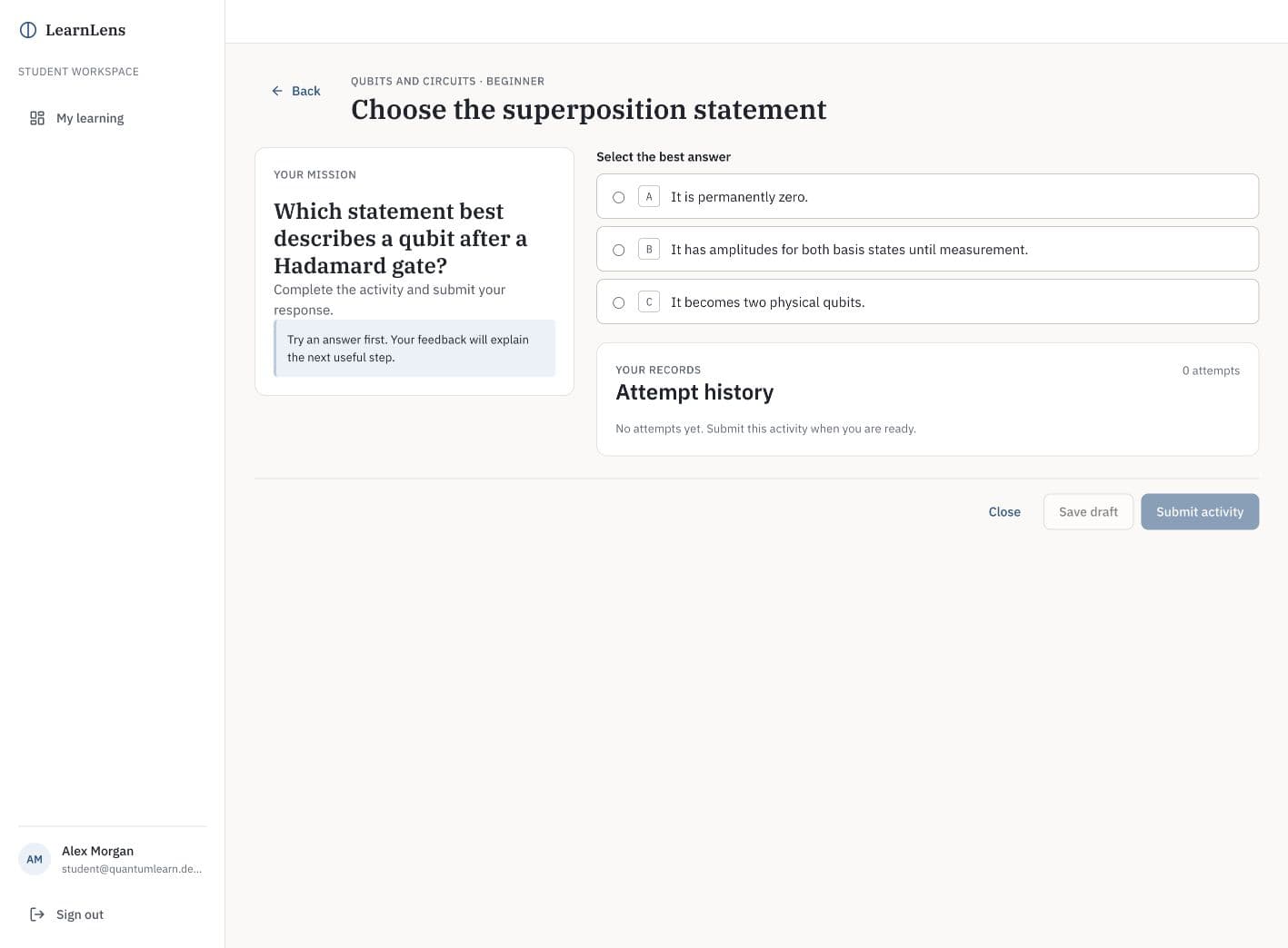 Learn Lens quantum learning activity asking students to identify a superposition statement.