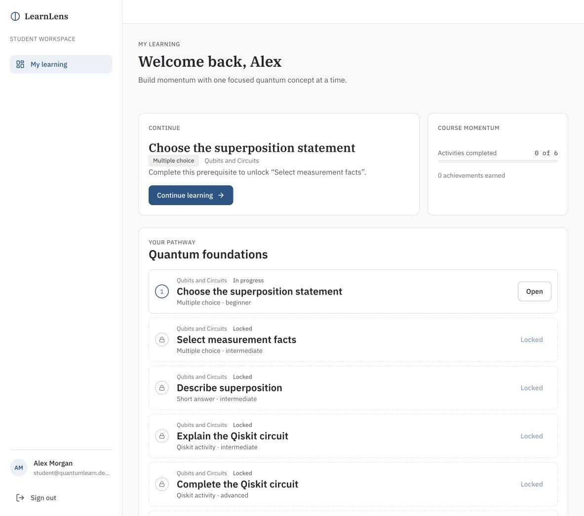 Learn Lens student dashboard showing a guided quantum foundations learning pathway.