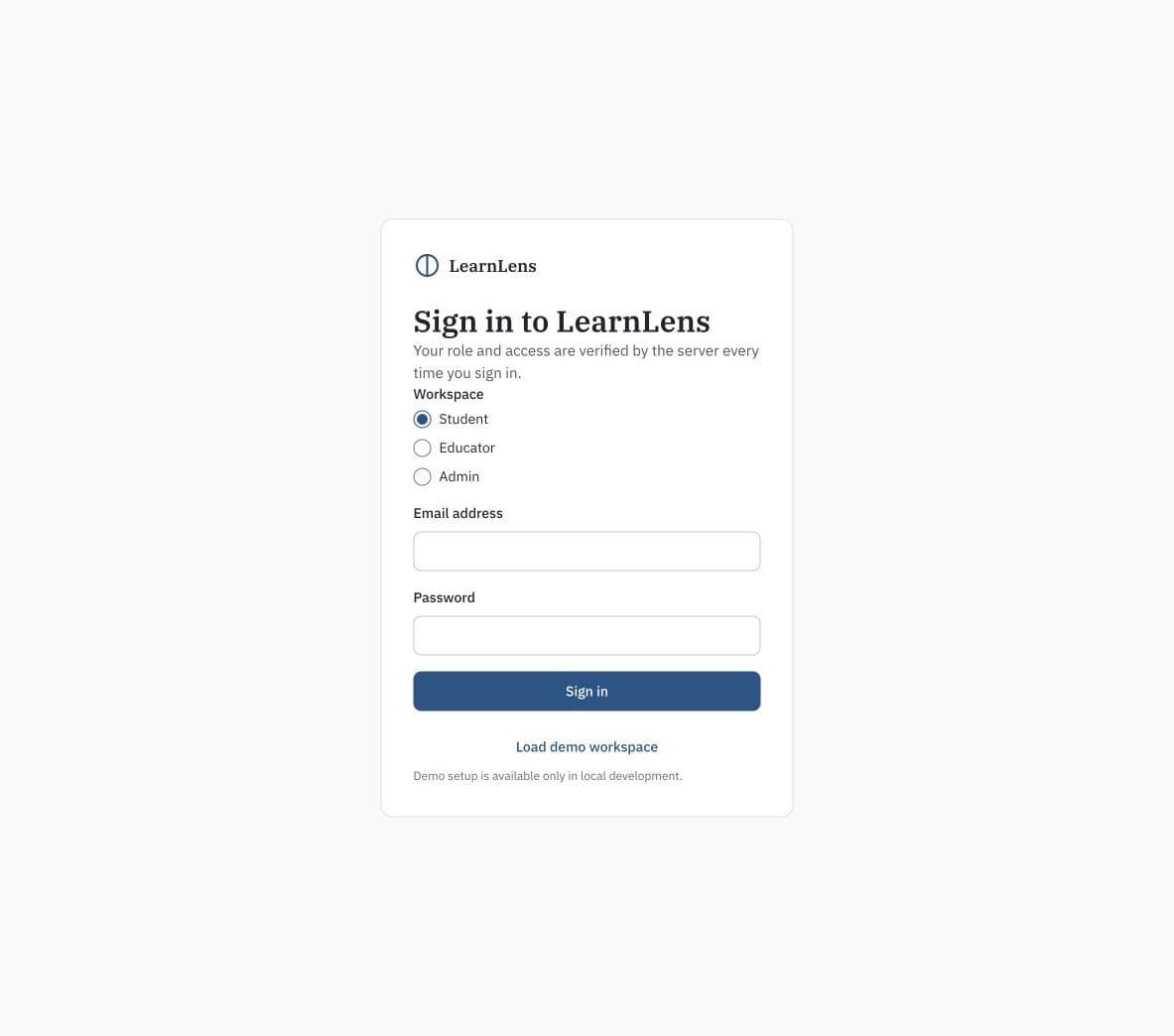Learn Lens sign-in screen with student, educator, and admin workspace options.