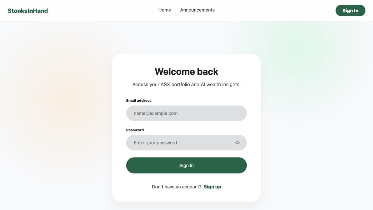 StonksInHand sign-in screen with a centered authentication card and green product branding.