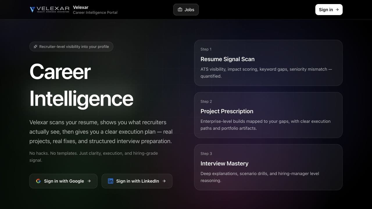 Velexar landing page introducing its career intelligence workflow.